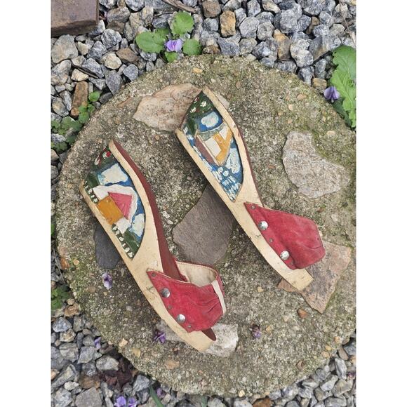 1940's Vintage Hand Carved And Hand Painted Wooden Wedges Size 8.5 Women's. - Picture 3 of 14